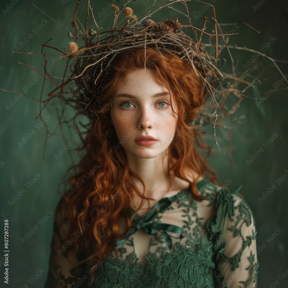smiling woman with red hair and a wreath of grass on her head in a green dress.