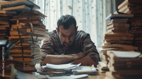 Tired and exhausted young man sitting at the desk with piles of books
