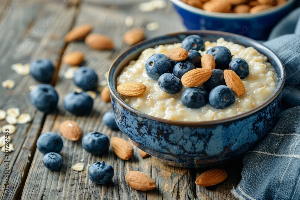Healthy oatmeal porridge with blueberries and almonds on wooden table for breakfast Healthy oatmeal porridge with blueberries and almonds on wooden table for breakfast