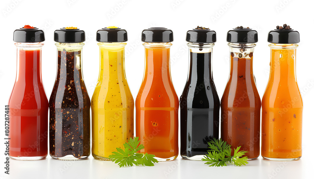 Set of tasty sauces in bottles on white background Set of tasty sauces in bottles on white background