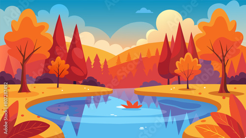 A still pond reflecting the colorful autumn leaves surrounding it reminding us of the beauty and clarity that can be found in a quiet mind.. Vector illustration