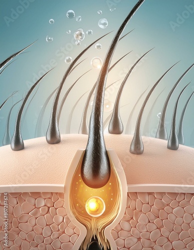 Hair Follicle - Macro or Illustration of Hair - Hair Care with Minerals or Vitamin - Supportive Image for Shampoo and Conditioners - Treatment against Scalp Irritation, Baldness and Hair Loss photo