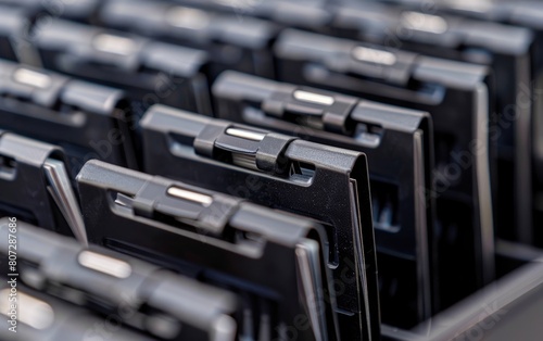 Close-up of black alphabetical index tabs on a file organizer.