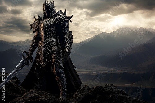 Fantasy illustration of a fantasy warrior with a sword on the top of a mountain