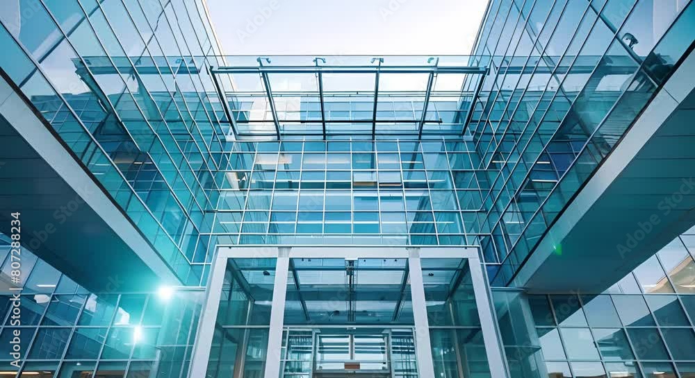 Modern industrial office building with geometric steel structure and glass door in a close-up shot. Concept Architecture, Modern Design, Industrial Building, Steel Structure, Glass Door Modern industrial office building with geometric steel structure and glass door in a close-up shot. Concept Architecture, Modern Design, Industrial Building, Steel Structure, Glass Door