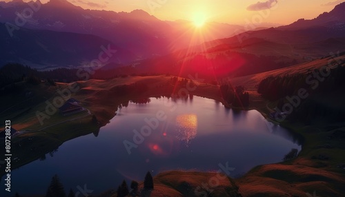 Sunset at zittauerhuette mountain lake, salzburg, austria. scenic view of a beautiful alpine sunset