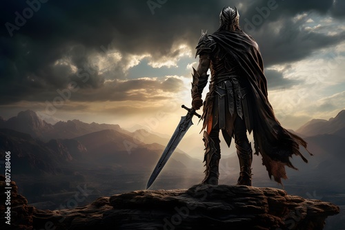 Fantasy illustration of a fantasy warrior with a sword on top of a mountain