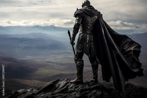 Knight standing on a rock in the mountains. 3d rendering.