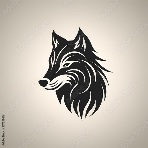 A stylized wolf head with a black and white design