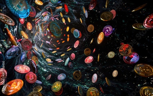 Colorful Bitcoin coins tumbling through a dark void.
