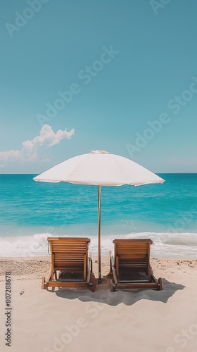 Beach Lounge Chairs Under White Umbrella on Sandy Shore