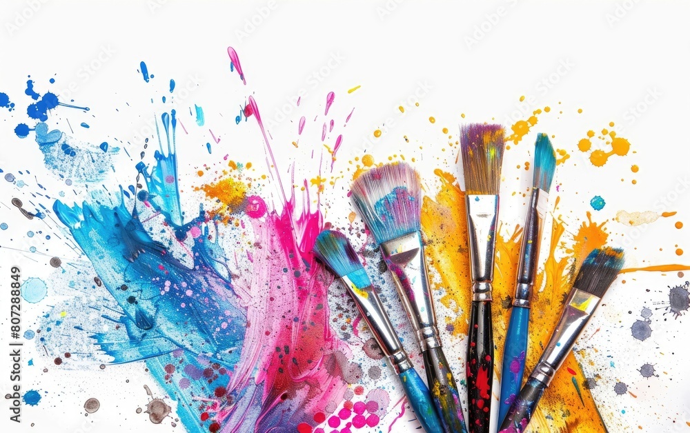 Colorful paintbrushes splattered with vibrant paint against a white background.