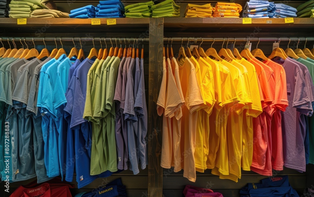 Colorful shirts on wooden hangers in a store display