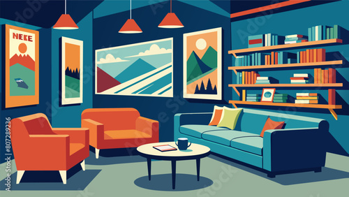 In one corner of the shop a cozy seating area invites customers to browse through old ski magazines and catalogs from the 1950s.. Vector illustration