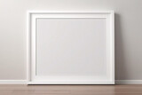 Marco vertical rectangular ligero y delgado colgado en una pared con textura blanca, plano, vista superior, ilustración 3D.