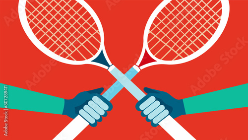 A closeup of the players whiteknuckled grip on their rackets emphasizes the fierce competition between these evenly matched teams.. Vector illustration