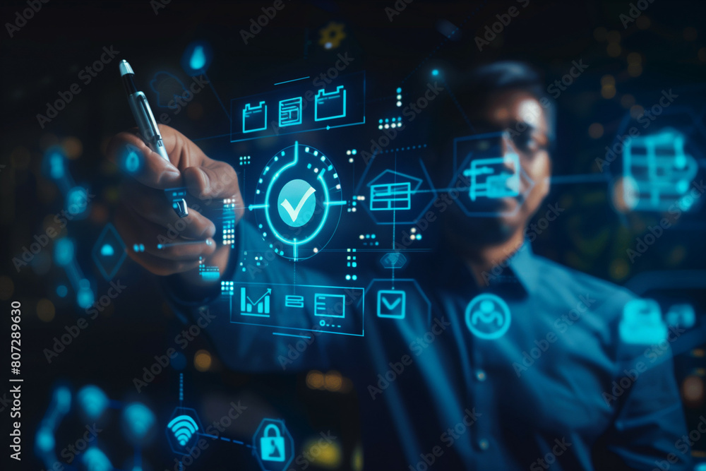 Business professional interacting with futuristic digital interface using a digital pen Business professional interacting with futuristic digital interface using a digital pen
