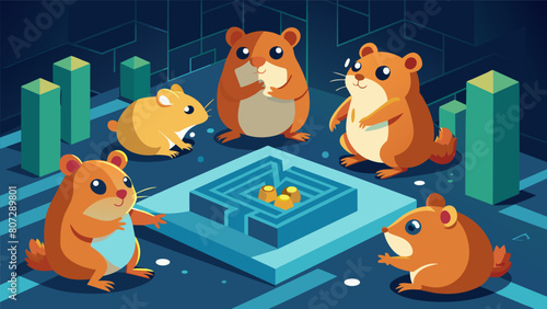 A group of curious hamsters excitedly scurry around their cage as an AI system detects their boredom and switches to an interactive game of virtual. Vector illustration