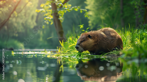 Obraz na płótnie A beaver feeding on the river bank. w salonie