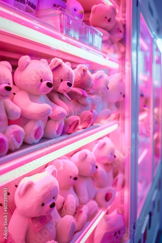 white vending machine with neon lighting with many plush kawaii pink bears inside, modern retro vibe © World of AI