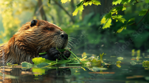 Obraz na płótnie A beaver feeding on the river bank. w salonie