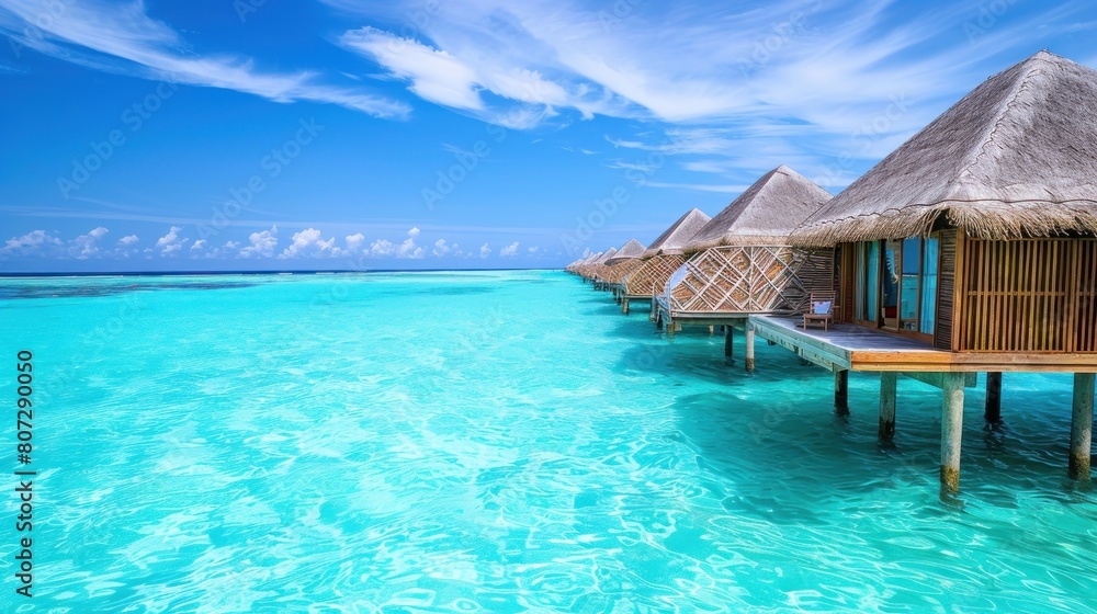 Beautiful tropical Maldives resort hotel and island with beach and sea on sky for holiday vacation background