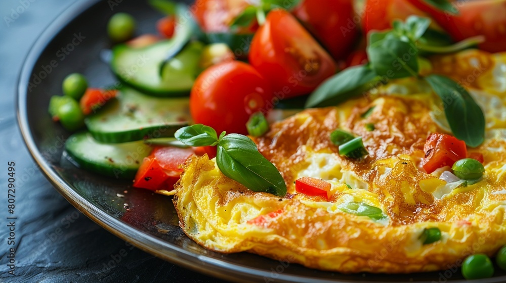 A fresh omelet garnished with vegetables close-up A fresh omelet garnished with vegetables close-up