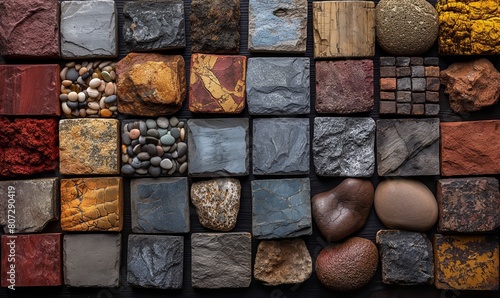 Collection of stones arranged in rows. photo