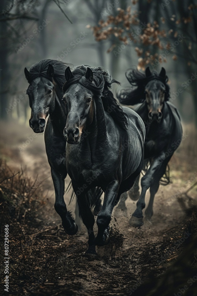 Fototapeta premium Black horses running wide-angle shot