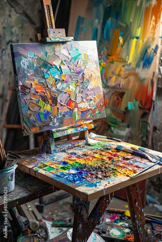 An artists studio with a canvas on an easel a palette of bright acrylic paints