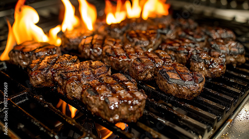 Grilled beef steaks on the grill with flames in background.