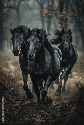 Black horses running wide-angle shot