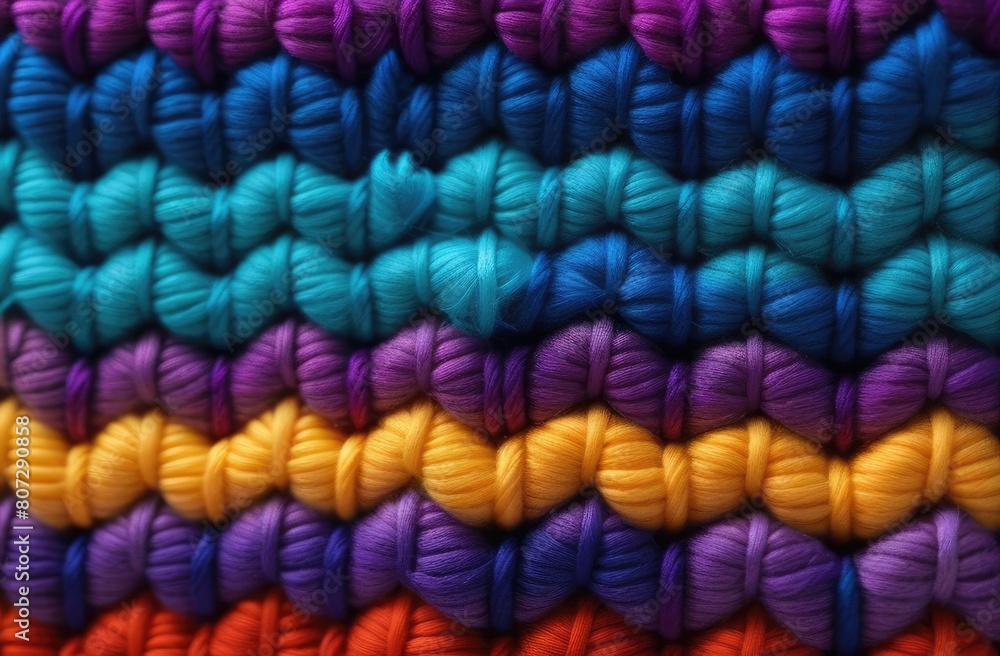 Close-up of knitted wool texture, bright colorful background
