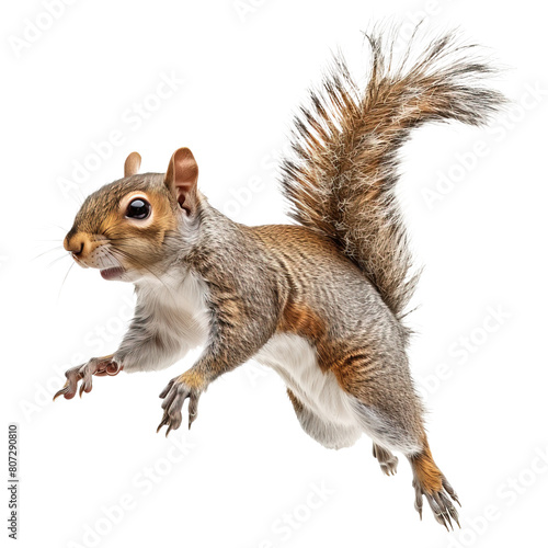 jumping grey brown squirrel isolated on white or transparent background