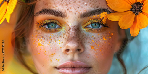 Woman with Floral Makeup and Freckles