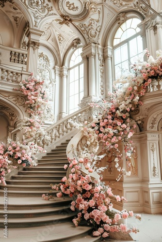 Majestic staircase adorned with pink and white flowers grand architectural detail © Creative_Bringer
