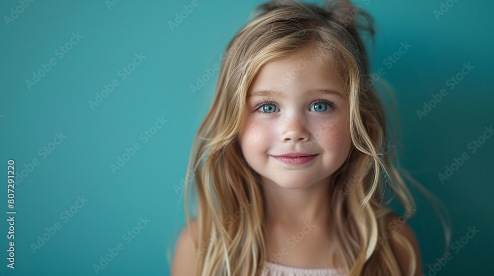 Small girl with flowing blonde hair and blue eyes soft smile Small girl with flowing blonde hair and blue eyes soft smile