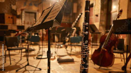 Bass Clarinet in Rehearsal Room A bass clarinet standing on a music stand in a rehearsal room with other instruments and chairs scattered around symbolizing the camaraderie and dedication of photo