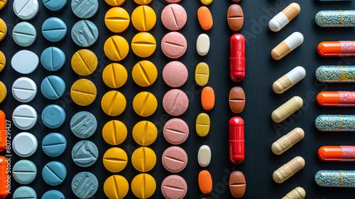 Top-down view Array of medicines arranged on a black backdrop,