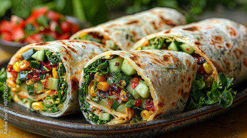 Appetizer rolls filled with avocado, sun-dried tomatoes, cucumbers, seasonal lettuce and tahini dressing. beautifully served on an appetizer plate.