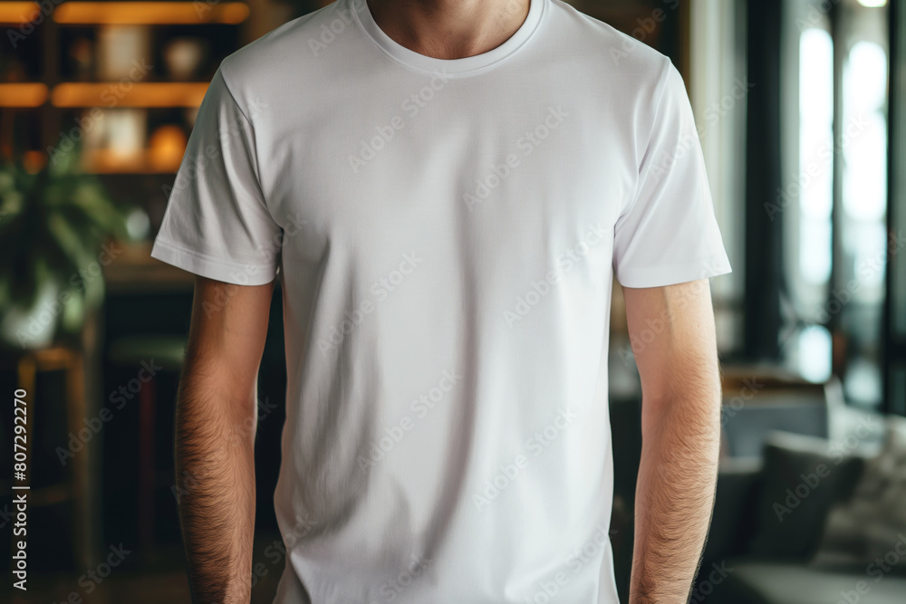 Close-up of a white t-shirt on a male model Close-up of a white t-shirt on a male model