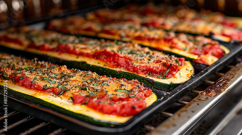 Easy vegan zucchini boats filled with flavorful marinara and homemade vegan sausage.