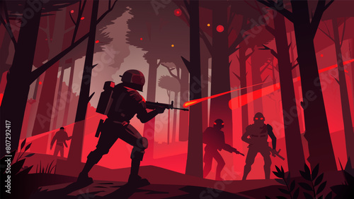 A group of airsoft players cautiously make their way through a thick fog in the forest with only the glow of their red laser sights to guide them.. Vector illustration