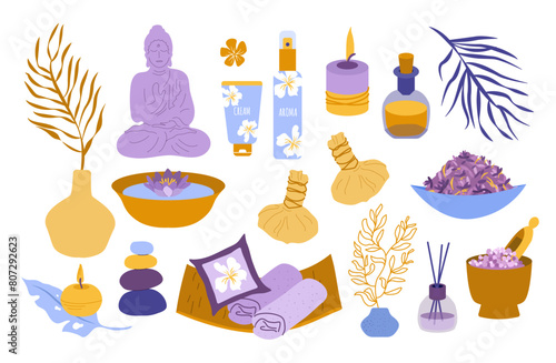 Set  spa icons. Thai massage and aromatherapy. Natural cosmetics, soap,salt ,decor, plants, highlighted on a white background