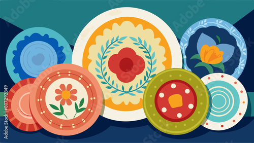 A series of handpainted plates using thrifted ceramic dishes as the canvas impresses the judges and wins first place at the thrift store art. Vector illustration