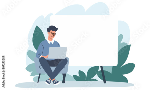 Flat vector illustration. Young man sitting in a chair and working, banner with space for your text. Man giving presentation from home . Vector illustration