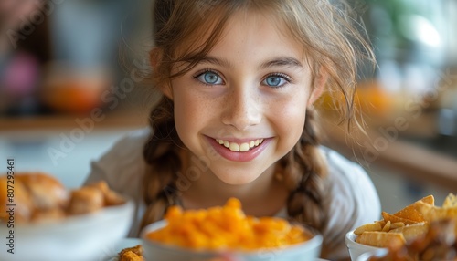 Smiling girl with a bowl of cheesy pasta