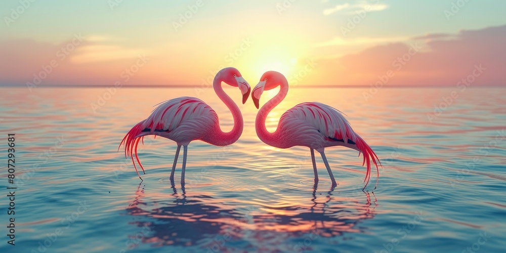 Fototapeta premium Ethereal Serenity: Two Flamingos in Pink Harmony