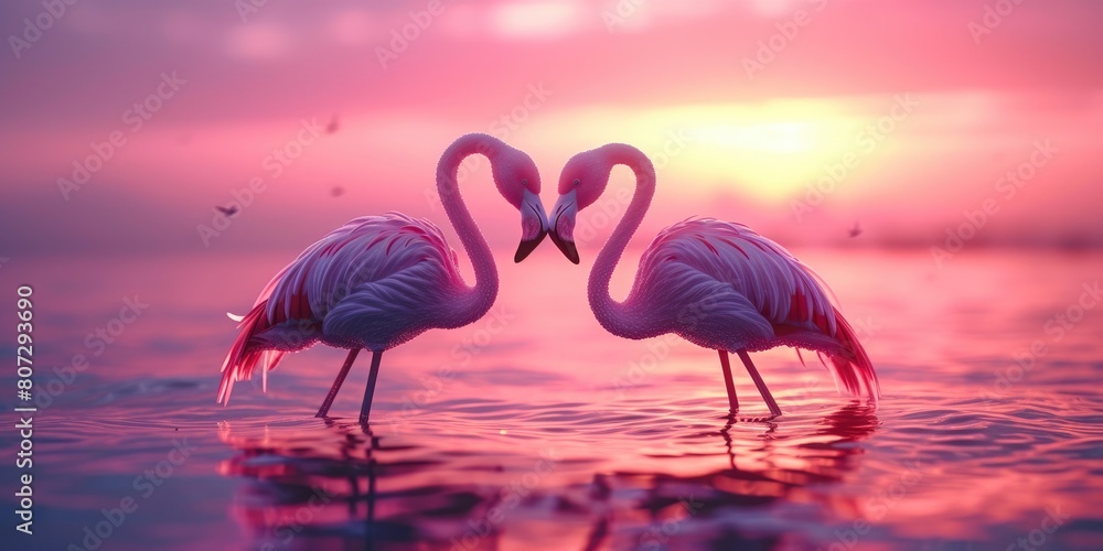 Fototapeta premium A Moment's Embrace: Flamingos in Tranquil Waters