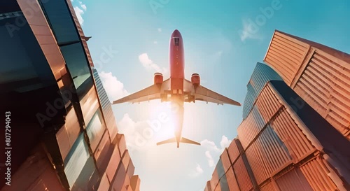 Cargo plane flying with containers transporting goods worldwide to meet global demands. Concept Logistics, Global Trade, Air Freight, Cargo Transportation, Supply Chain